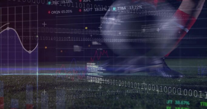 Striking cleated foot wearing red socks sending soccer ball on floodlit turf, with data overlays