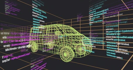 Displaying yellow wireframe SUV model sitting within 3D grid workspace, with floating code panels