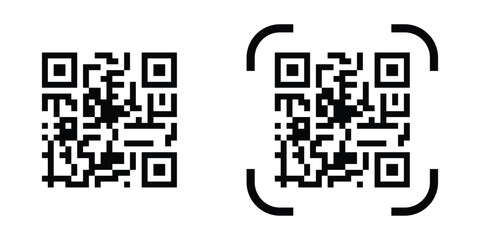 Modern black QR code icon on clean white background. QR code scan for smartphone. QR code for payment. Scan QR code symbol. Modern black QR code vector graphics