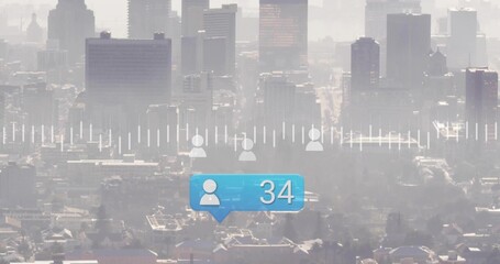 Floating blue bubble showing user icon number 34 over hazy skyline, with user silhouette icons