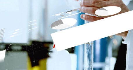 Scientist in lab coat pouring liquid from cylinder in lab, with digital data overlays, copy space