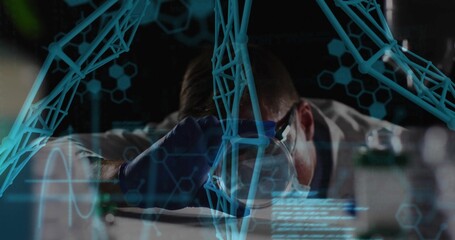 Leaning scientist in lab coat examining sample in lab, with magnifying glass, digital overlays