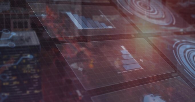 Displaying translucent UI panel showing vertical bar chart at night skyline, with holographic dials