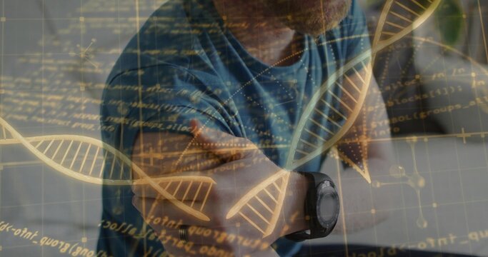 Sitting scientist crossing arms on light desk in office, with smartwatch, DNA and code overlays