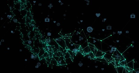 Forming glowing green network in virtual space, lines connecting nodes with floating medical icons