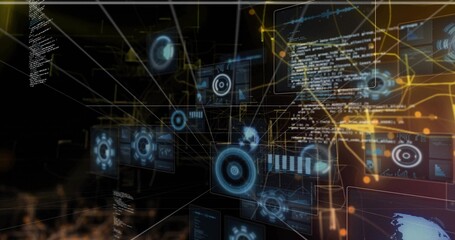 Projecting 3D UI panels displaying code, charts, and map data in virtual space, with glowing nodes