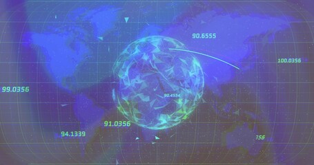 Glowing polygonal sphere rotating in data dashboard, with triangle particles and numeric labels