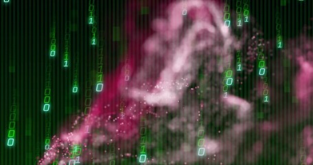 Swirling pink and magenta particle cloud moving in data field, with glowing green binary digits
