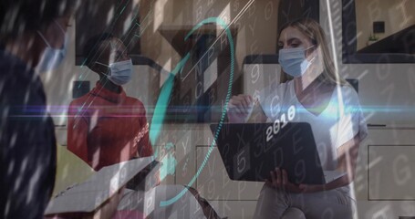 Consulting nurse presenting data on laptop to two masked patients in clinic room, with code overlay