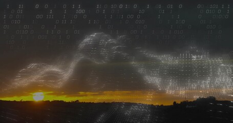 Fototapeta premium Streaming binary code wave forming data overlay across rural dusk sky, with sun glow over hills