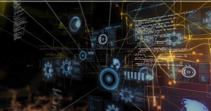 Projecting 3D UI panels displaying code, charts, and map data in virtual space, with glowing nodes