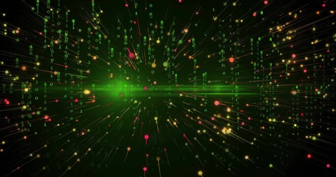 Radiating binary data streams through virtual tunnel, with colored light streaks and glowing digits