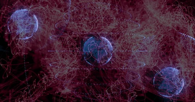 Displaying central holographic blue globe rotating in virtual space with red trails, nodes, points