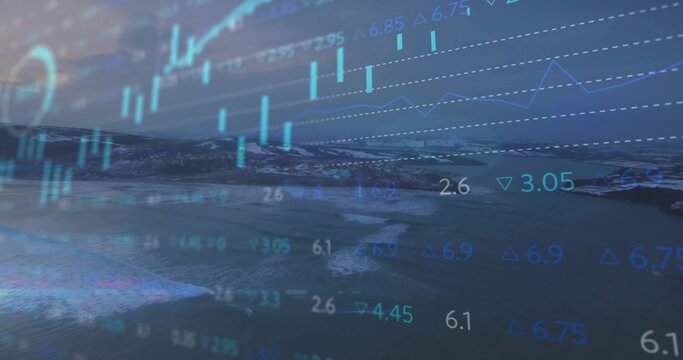Fototapeta Overlaying blue green candlestick bars highlighting coastal bay, with jagged line graph indicators
