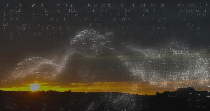 Fototapeta Streaming binary code wave forming data overlay across rural dusk sky, with sun glow over hills