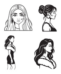Elegant Fashion Women Line Art Portrait Illustration.