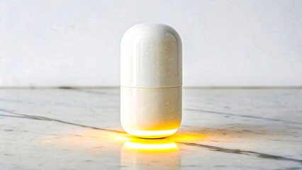 Futuristic glowing capsule with modern design on marble surface
