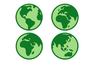 Green Earth icon set showing different continents. Vector illustration for ecology, environment, and sustainability. Think green concept. Planet globe symbol for conservation.