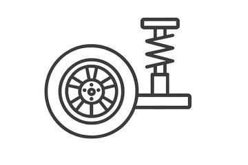 Car suspension icon with wheel and shock absorber. Automotive vehicle chassis part. Auto repair service symbol. Linear vector illustration for mechanics and transport.