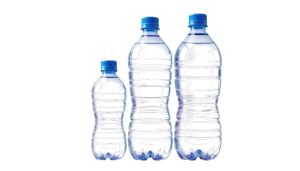 Three Blue Plastic Water Bottles on Black Background isolated on a transparent background