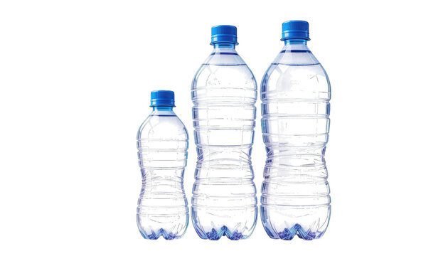 Three Blue Plastic Water Bottles on Black Background isolated on a transparent background