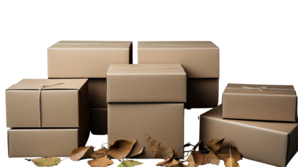 3D recyclable kraft boxes with dried leaves on white background