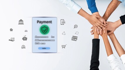 A diverse group of hands coming together around a digital payment interface symbolizing unity in secure transactions and teamwork in a modern business environment. Raster