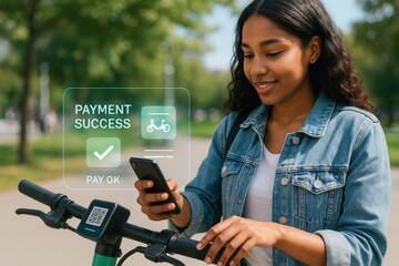 An African American woman happily uses her phone to pay for a ride-sharing scooter, representing modern technology and urban mobility