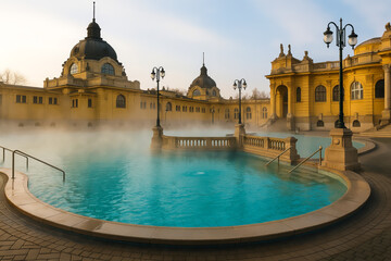 Historic thermal bath in Budapest with steaming outdoor pools and grand yellow neo-baroque architecture.