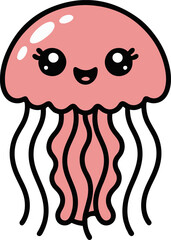 Vector art of cute pink jellyfish cartoon adorable sea animal with kawaii face and tentacles vector illustration for kids, baby shower, birthday, greeting card, sticker, print