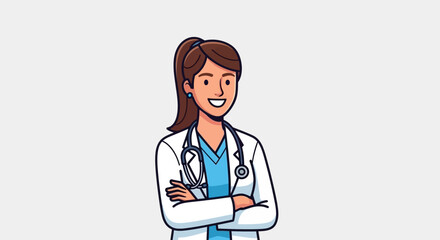 Fototapeta premium Smiling Female Doctor Cartoon Illustration, Brown Hair, White Coat, Stethoscope