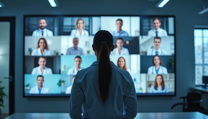Group of doctors, medical professionals connect remotely via video conference screen. Single doctor faces large display, participating in virtual meeting with colleagues. Remote healthcare