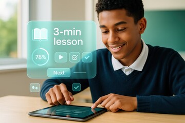 Young man using a tablet for a 3-minute lesson, with a virtual user interface overlay and a pleasant classroom background