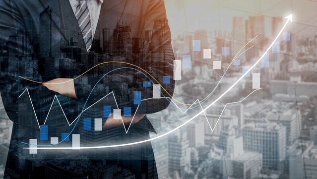 A professional businessman stands confidently with crossed arms in front of an urban cityscape, showcasing financial graphs representing success and growth in economy. Copula - Powered by Adobe