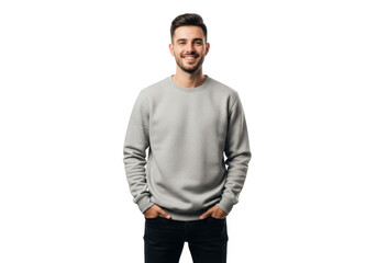 Smiling man in gray sweatshirt isolated on transparent background