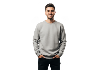 Smiling man in gray sweatshirt isolated on transparent background