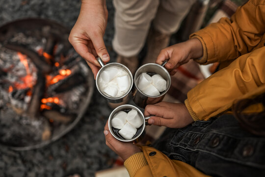 Friends enjoying hot chocolate with marshmallows around a campfire