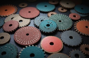 Diamond cutting discs or blades on a dark surface. Various colored abrasive grinding wheels for cutting or grinding metal or stone. Industrial tools for masonry or construction work.