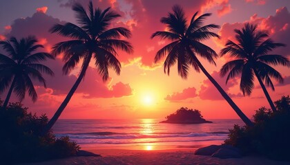 Obraz premium Tropical beach at sunset with palm trees. Bright orange sun sets over calm ocean water. Sandy shore with rocks and bushes. Peaceful evening scene with cloudy sky.