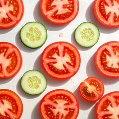 A vibrant arrangement of sliced tomatoes and cucumbers, displayed in a geometric pattern on a light background, highlighting fresh produce.