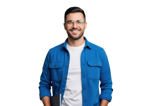 Smiling man in blue shirt holding a tablet isolated on transparent background