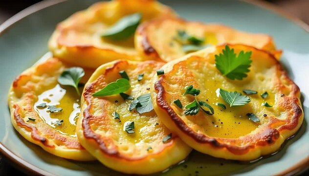 Sliced farinata pancakes arranged neatly with fresh herbs and olive oil drizzle 