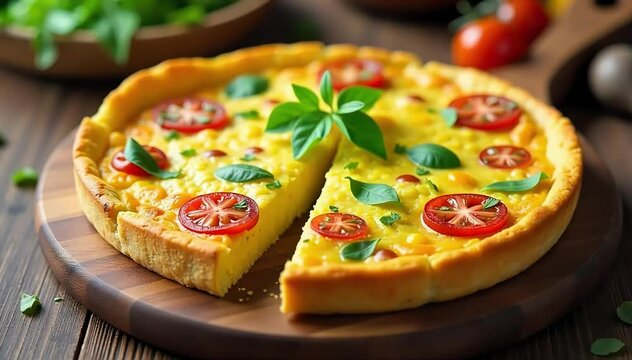Sliced frittata resting on wooden board with cherry tomatoes and microgreens on side 