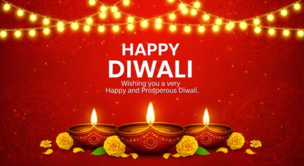 happy diwali festival wishes square banner with diya lamp and light bokeh background