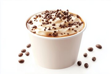 Coffee with cream in a white cup with coffee beans and chocolate, on a white background