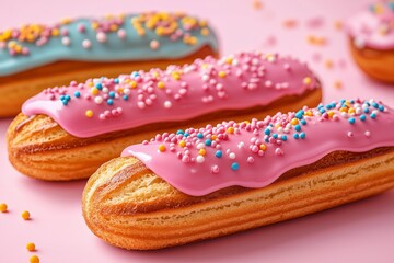 Bakery banner background of eclairs colorful topping on pink background