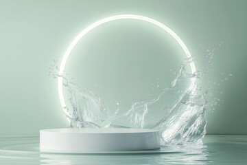 A white catwalk surrounded by clear water, with water splashing around it
