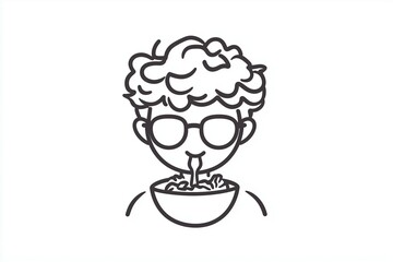 Minimalistic black and white logo featuring a boy eating salad or noodles