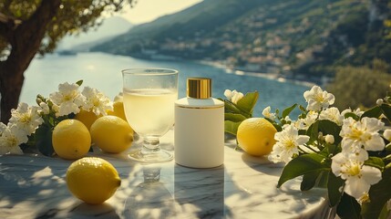 Skincare product advertisement with seaside background surrounded by lemons