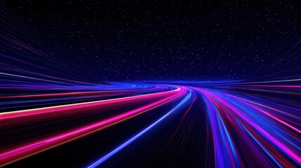 Vibrant streaks of pink and blue light blur on a dark highway at night